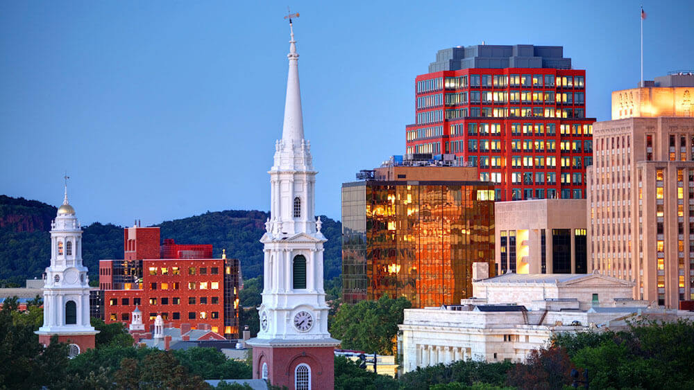 Downtown New Haven skyline right after sunset