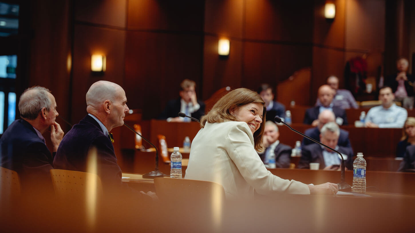 A panel discussion at the Quinnipiac University Ceremonial Courtroom.