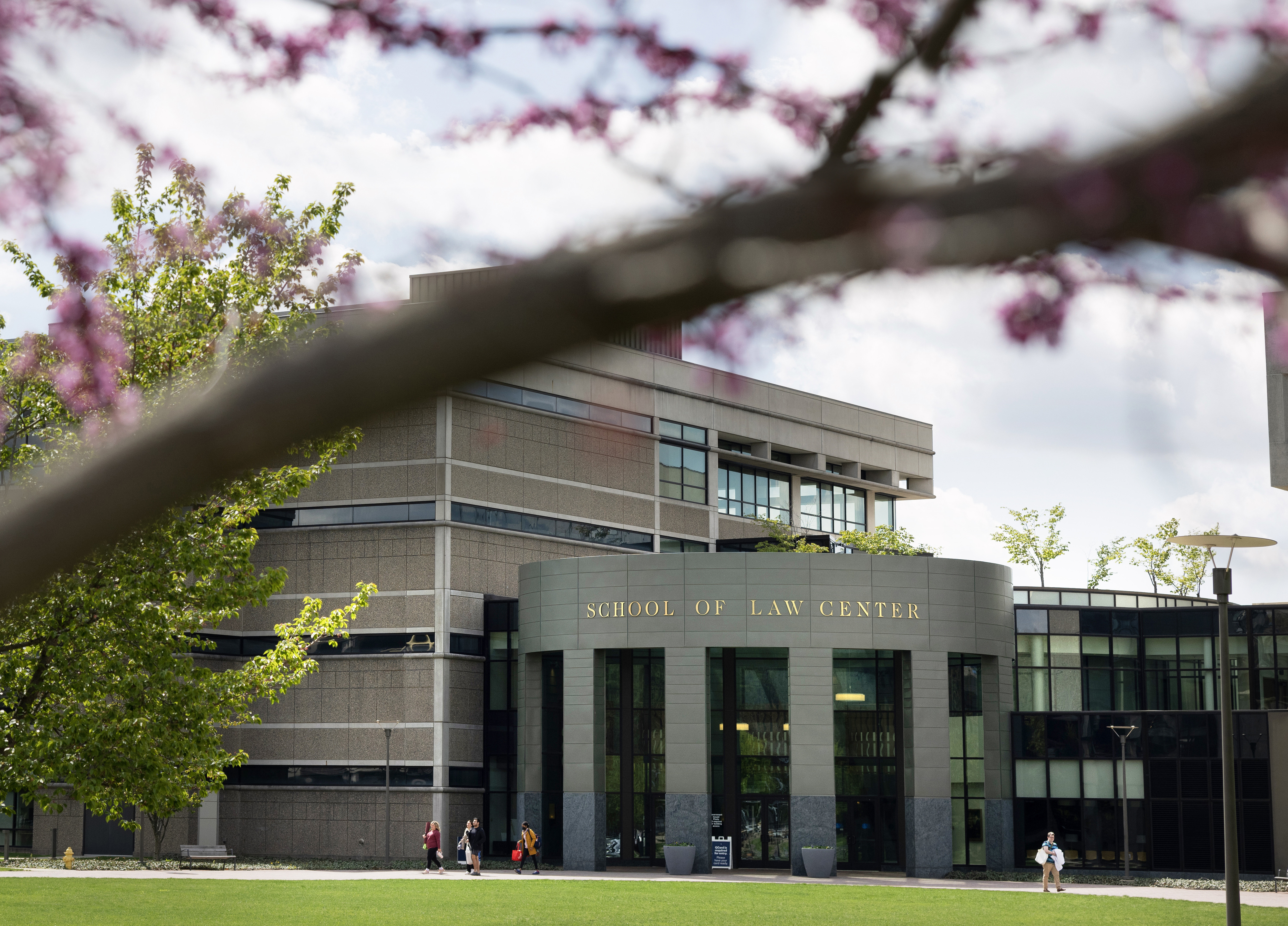 Photo of the outside of the School of Law building with flowers in the foreground