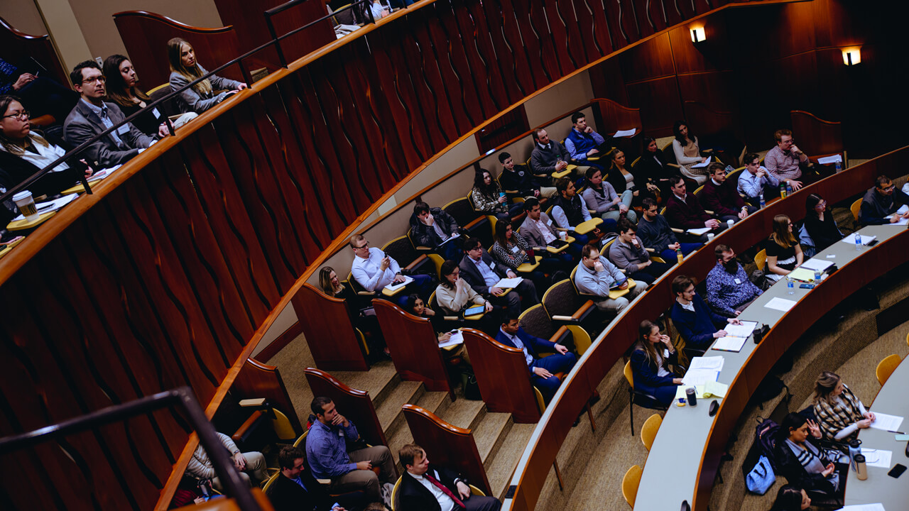 An aerial shot of students during the gateway to practice seminar